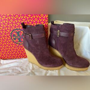 Tory Burch Burgandy Suede Wedge boots, new without tags, size 10